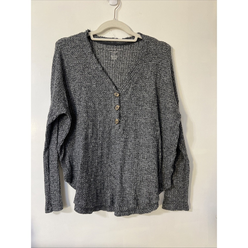 american eagle Gray thermal Weave Soft Sexy plush henley shirt oversized‎ Small